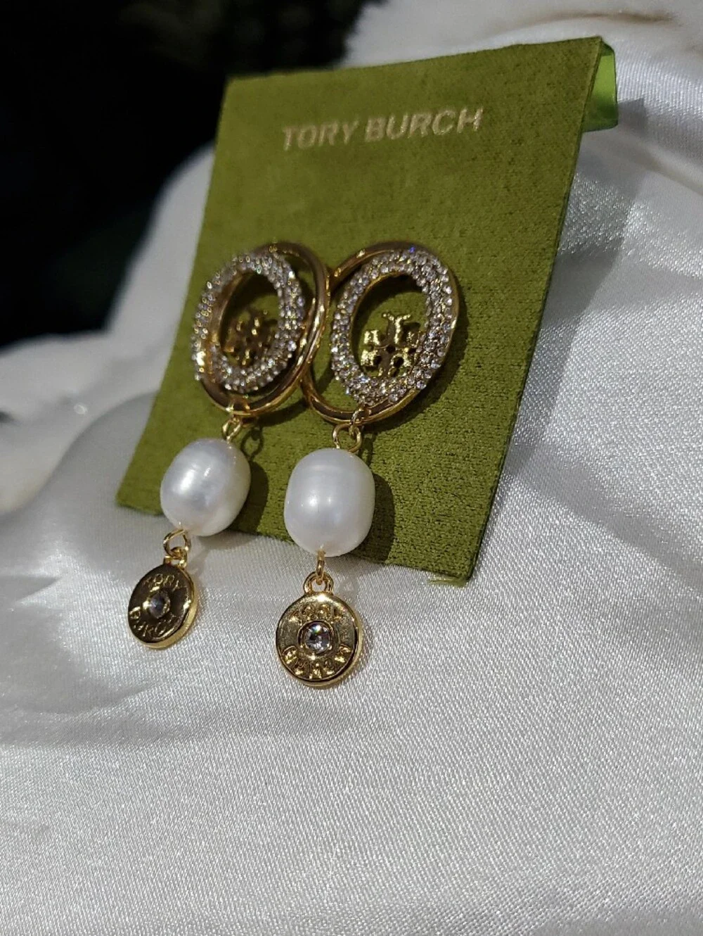 Tory Burch Gold-tone Crystal & Pearl Drop Earrings Dressy Fancy Classy Girlie